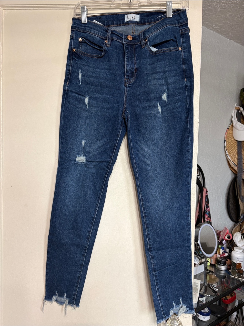 Nicole Miller Dark Indigo Skinny Jeans with Distressed Hem
